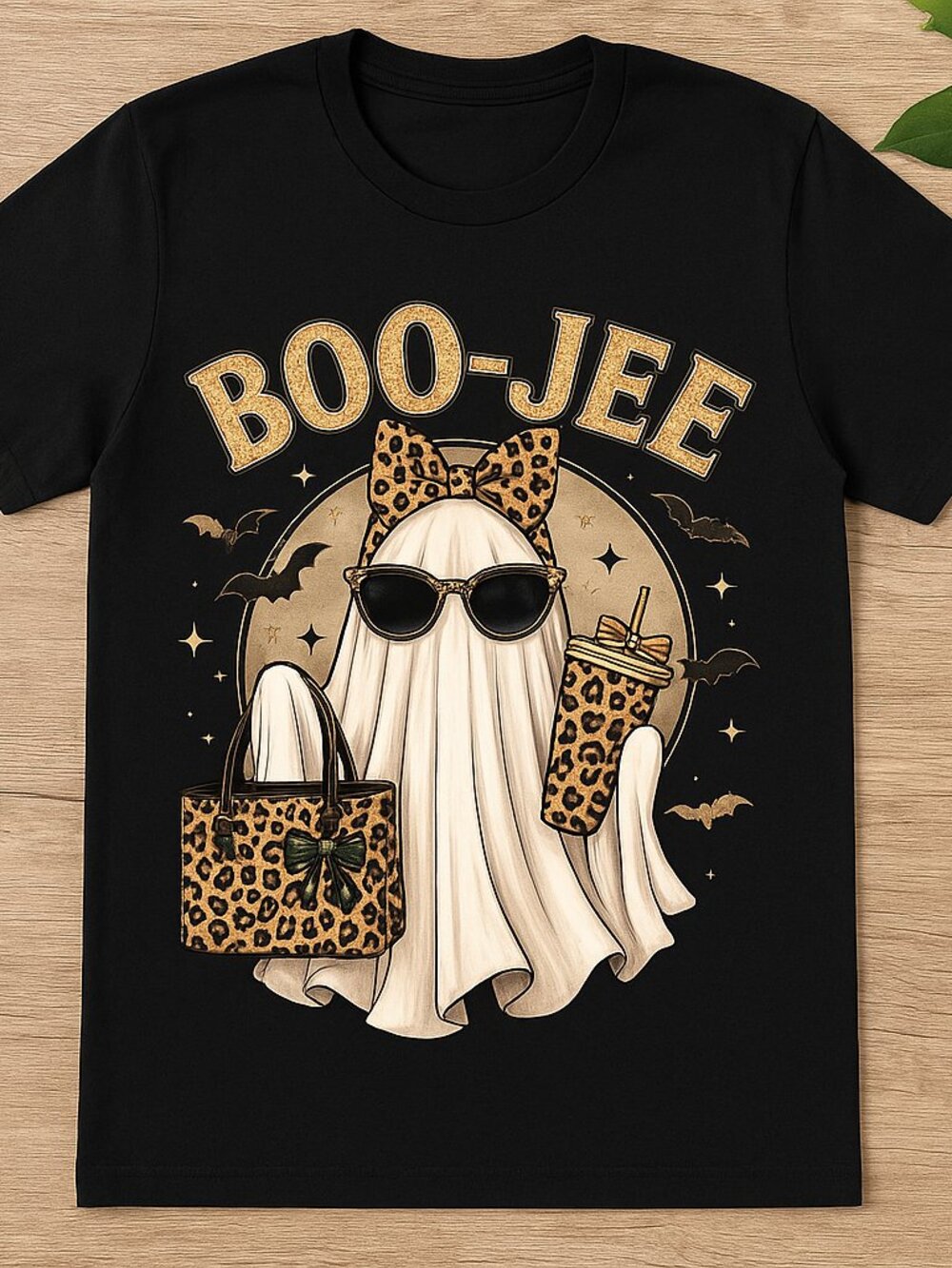 Boujee Halloween Vintage Ghost Leopard Bow Graphic Tee Black